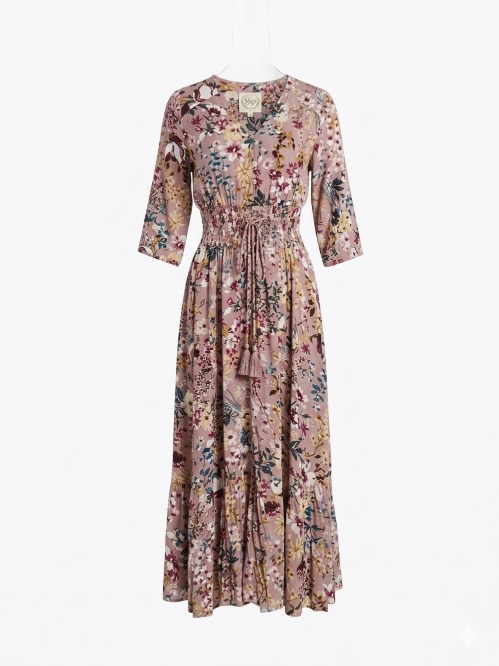 Sunday Mi Amor Floral Smocked Waist V-Neck 3/4 Sleeve Boho Pink Dress Sz XS